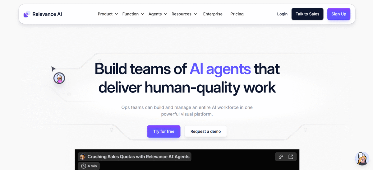 Relevance AI builder showing Agents, Tools, Knowledge, and Workforces