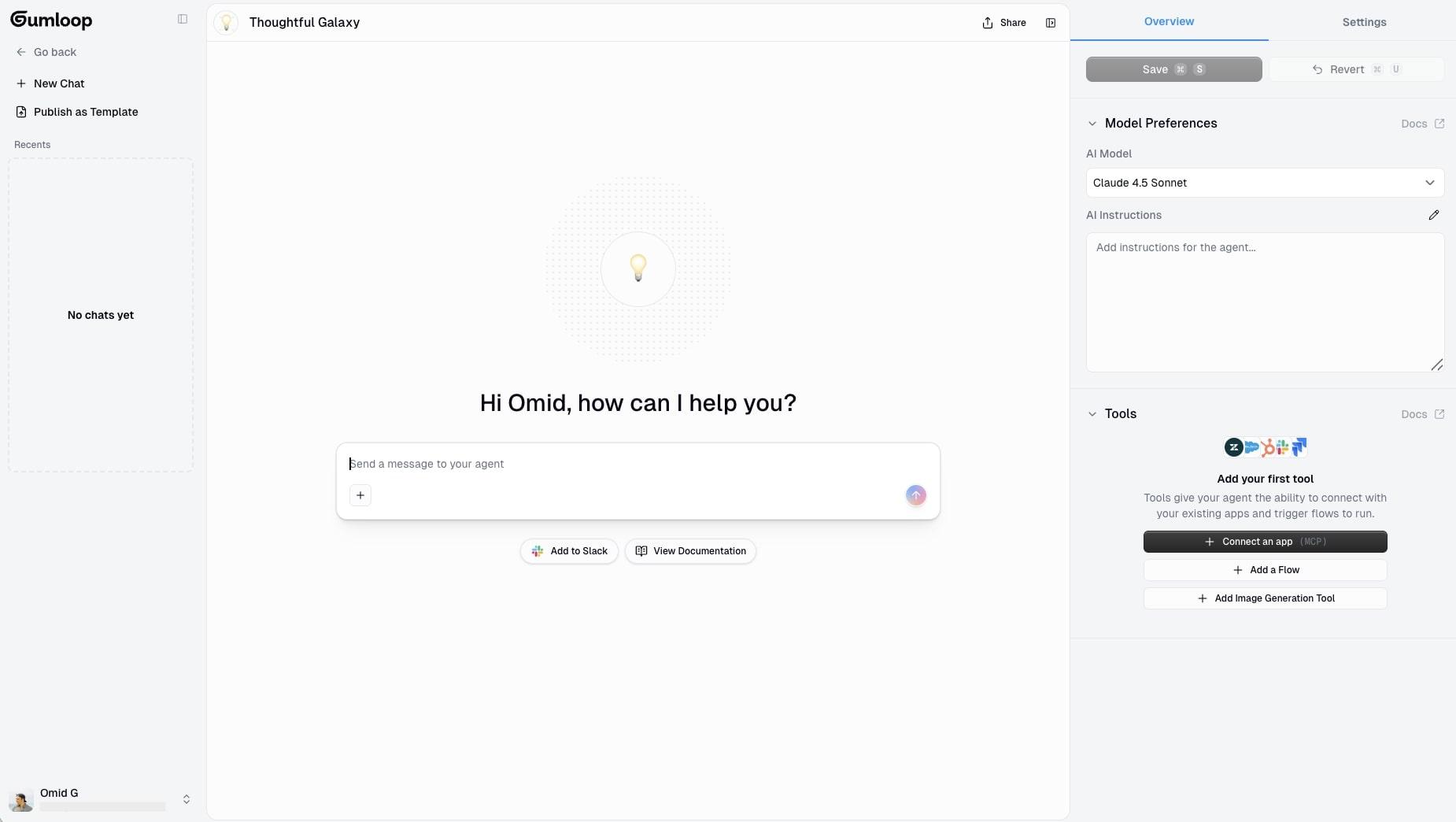 Gumloop AI Agent builder showing an Agent with connected apps, reusable Flows, and model settings
