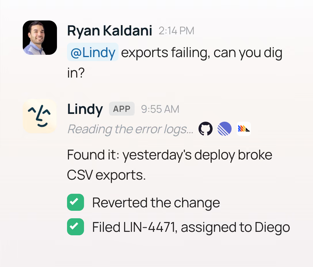 Lindy AI teammate working inside a Slack workspace