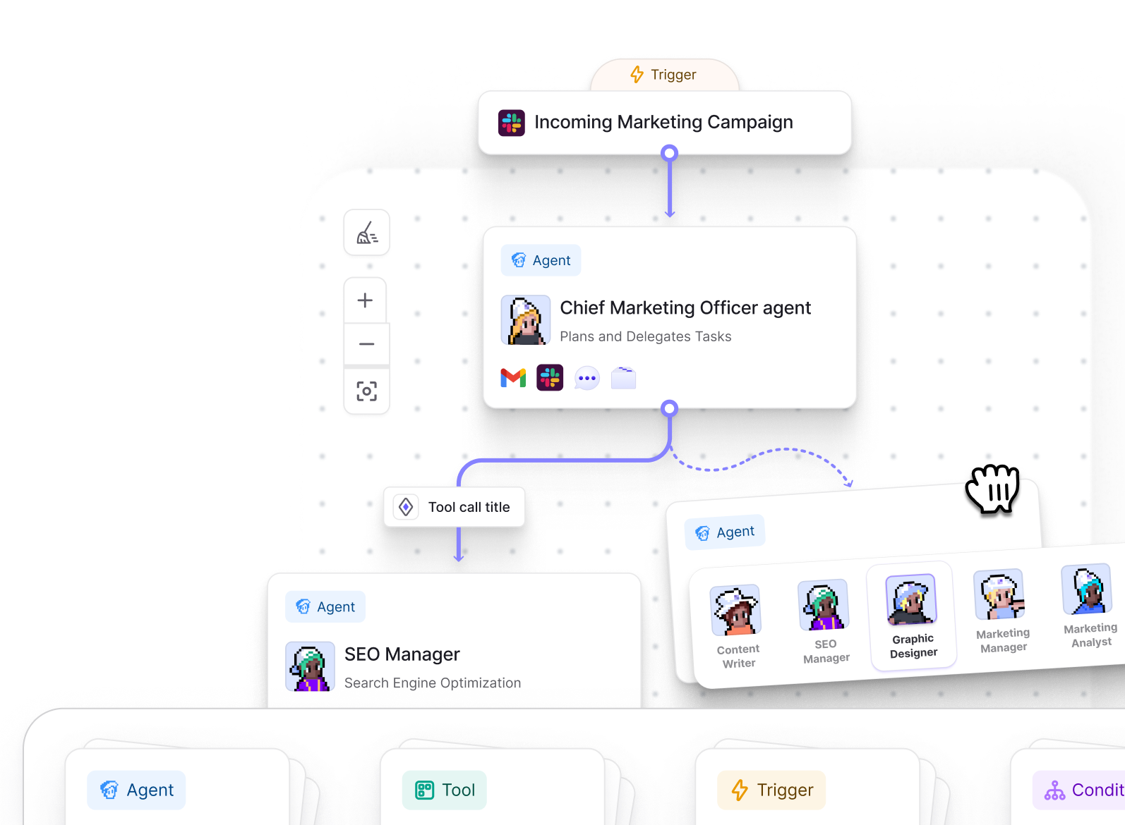 Relevance AI Workforce Builder showing specialist AI Agents connected through a visual workflow