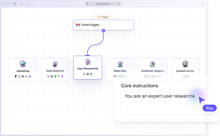 Relevance AI Workforce Builder showing specialist Agents and Agent instructions