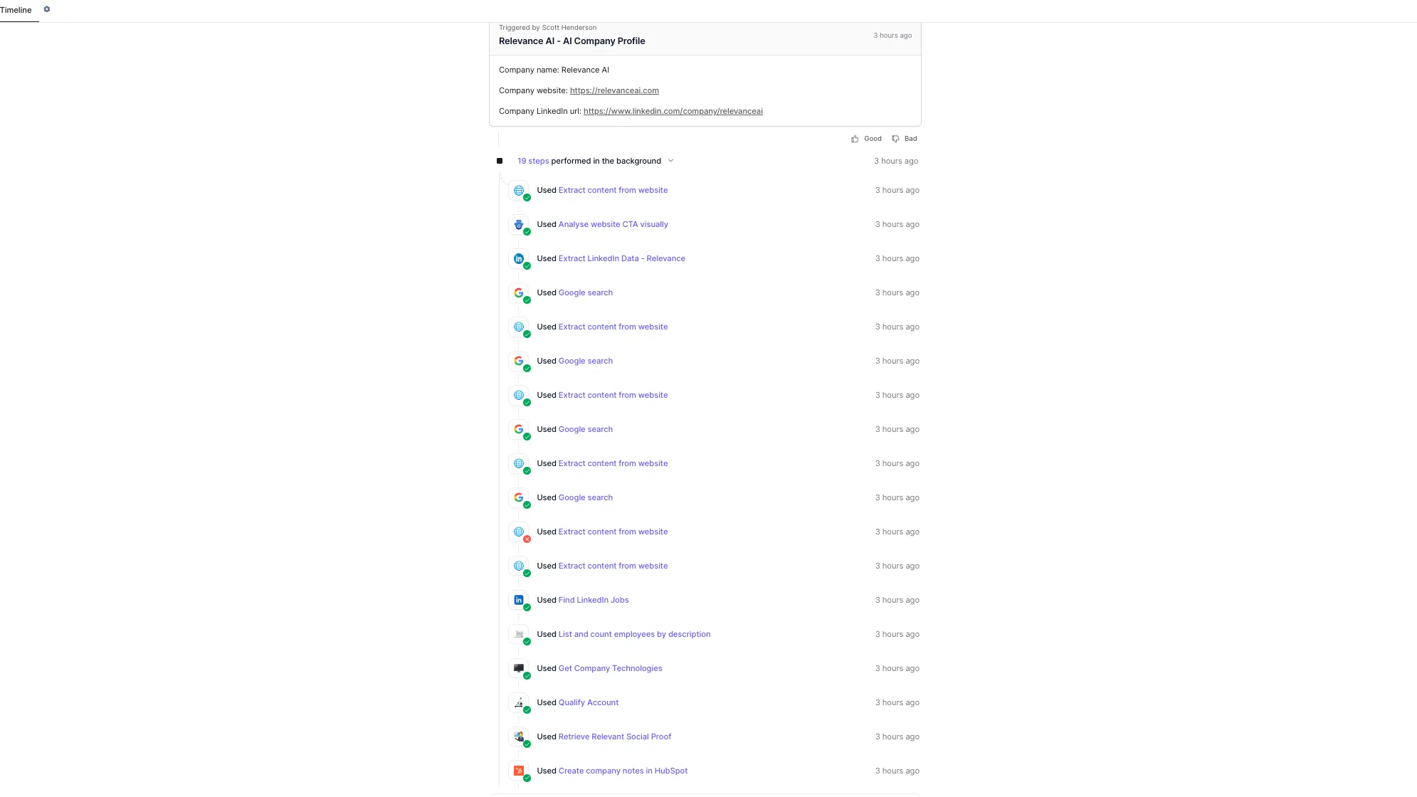 Relevance AI account research task timeline showing website extraction, LinkedIn extraction, Google searches, technology checks, qualification, and HubSpot note creation