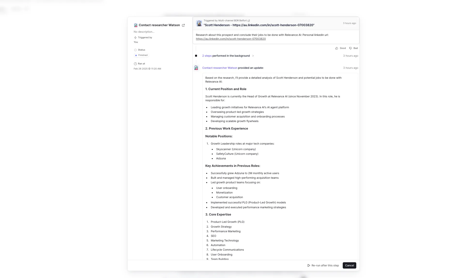 Relevance AI contact research task showing an AI-generated prospect analysis from LinkedIn and other research