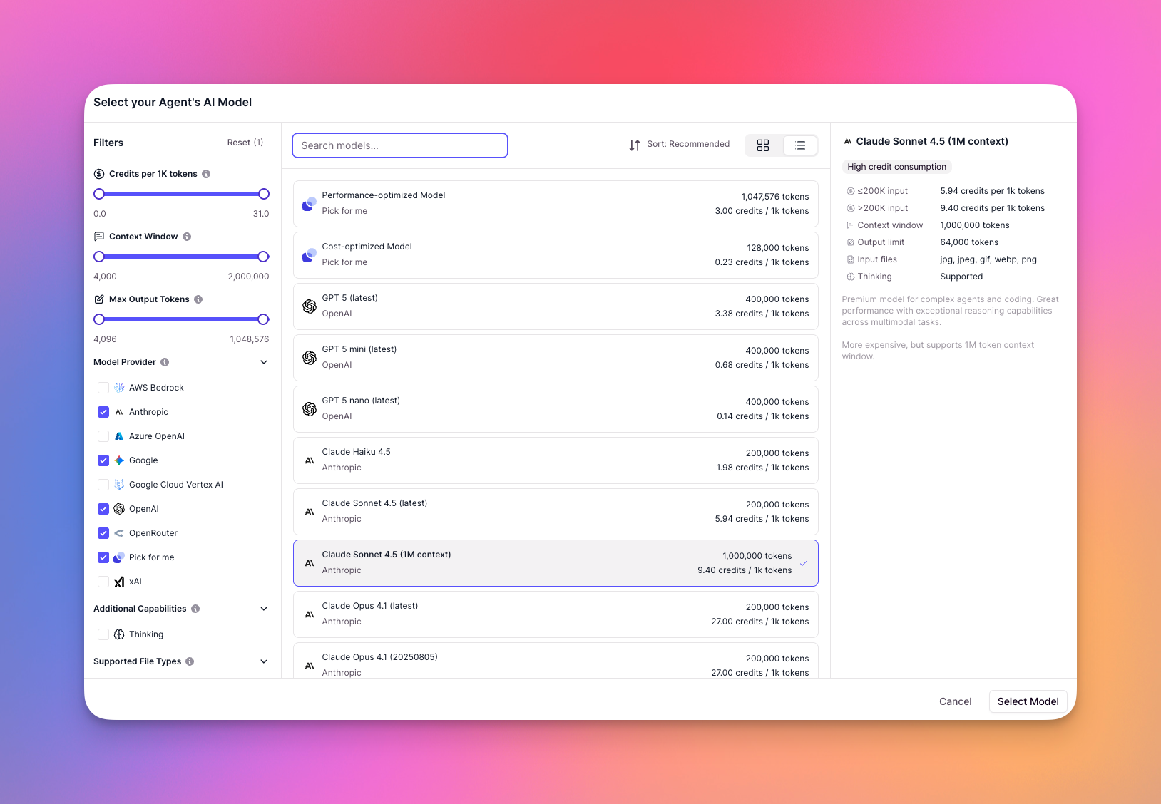Relevance AI model selector showing AI models, context windows, and Vendor Credit consumption