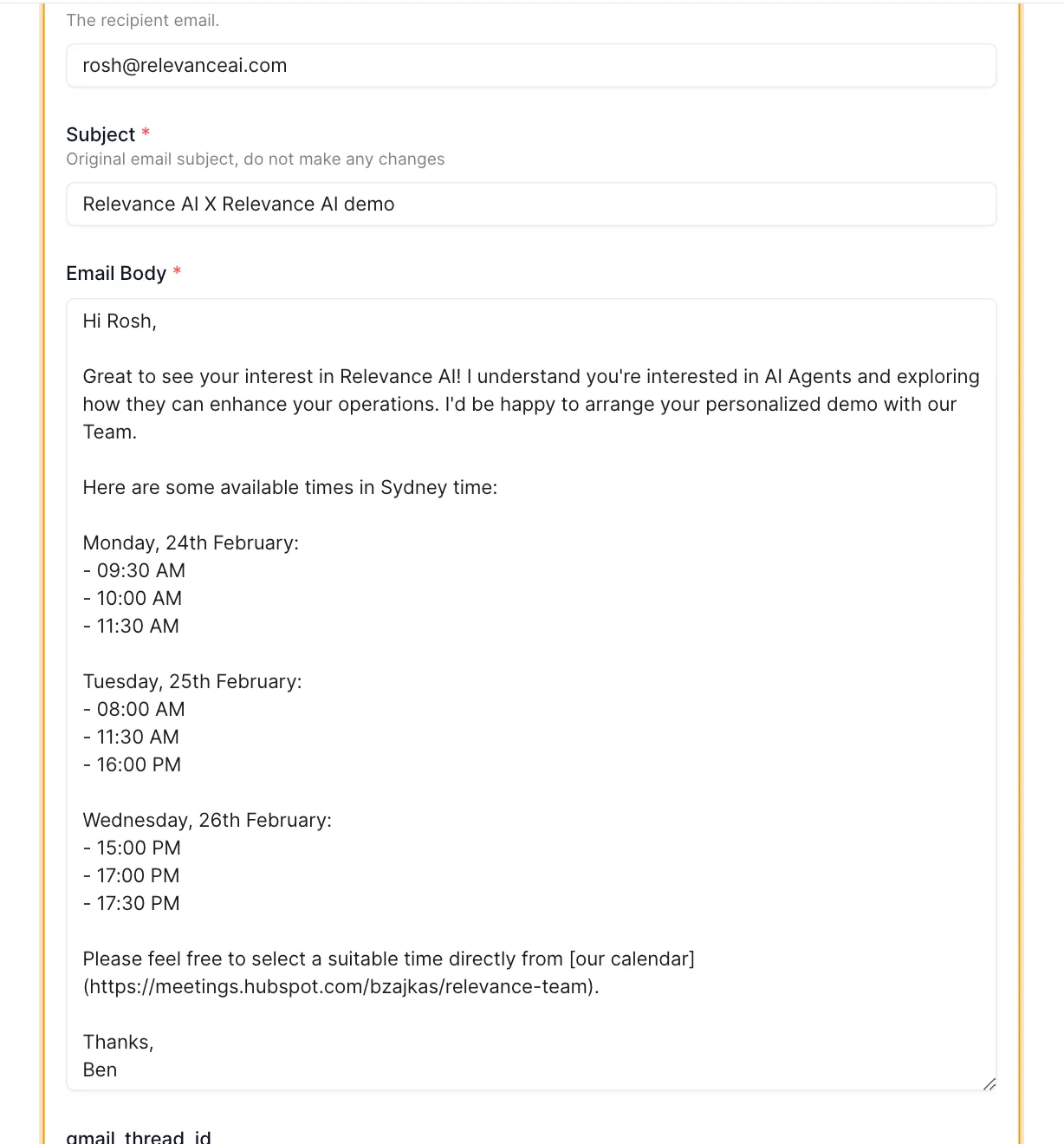 Relevance AI sales workflow showing a personalized demo scheduling email with available meeting times