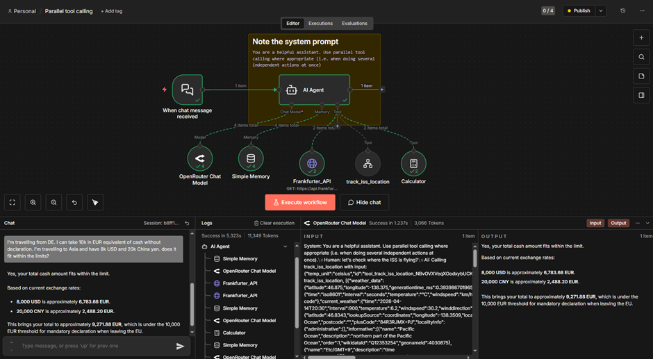 n8n workflow editor showing an AI Agent connected to a model, memory, APIs, calculator, chat, logs, and execution details