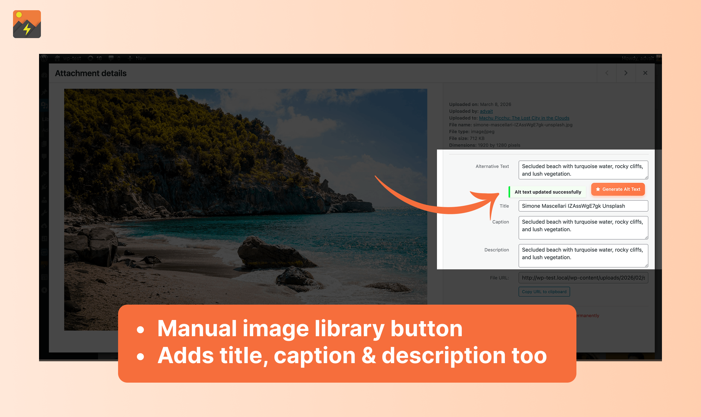 Alt Magic plugin screenshot showing its WordPress image description interface.