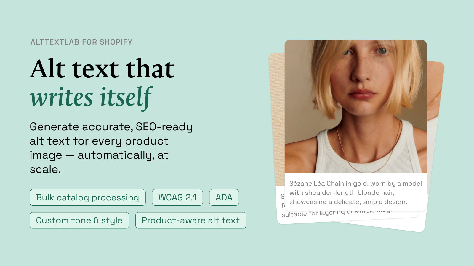 AltTextLab Shopify App Store promotional screenshot describing product image alt text automation
