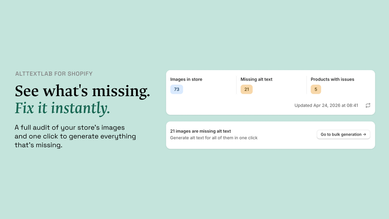 AltTextLab Shopify audit interface showing product images missing descriptions