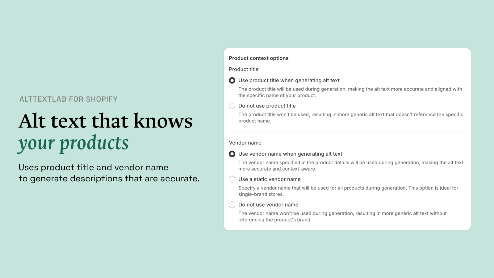 AltTextLab Shopify app configuration for product title and vendor context