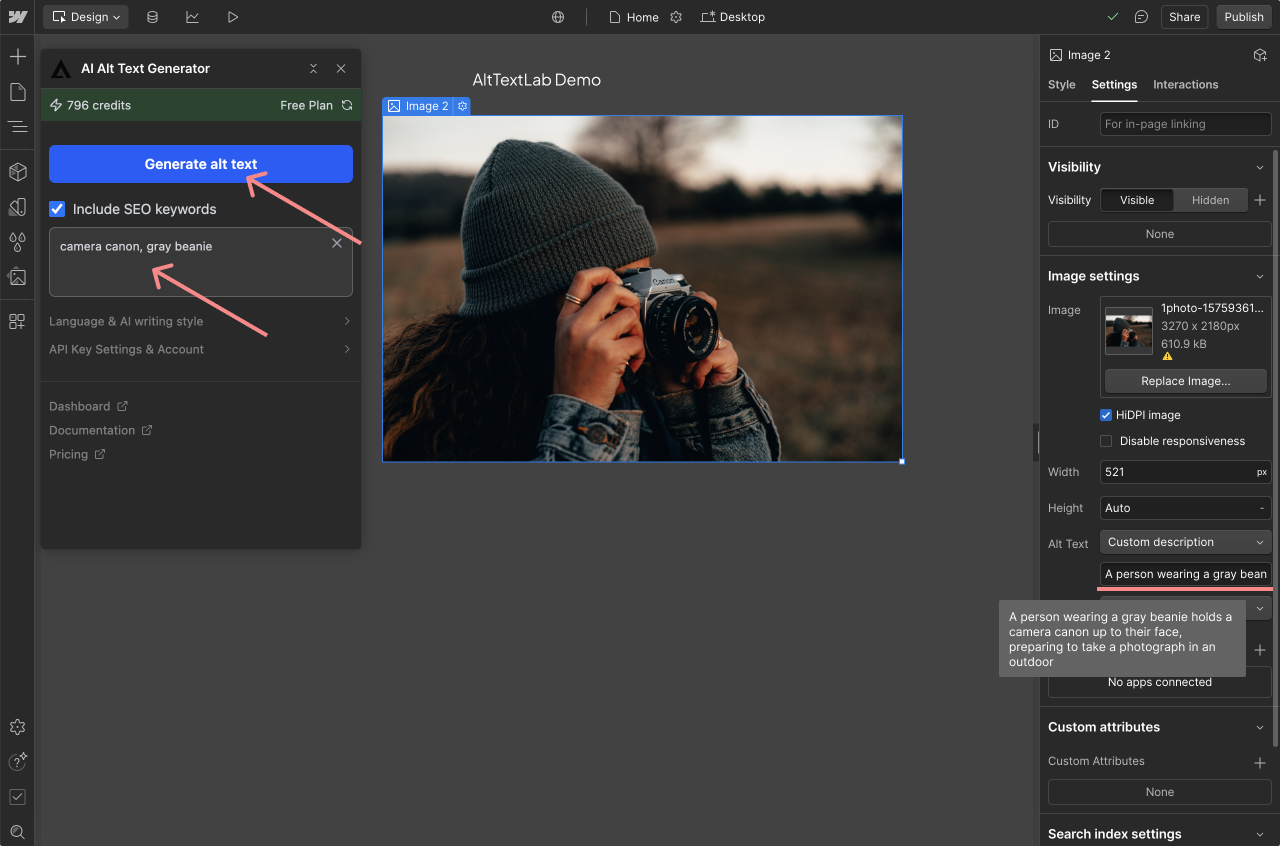 AltTextLab app embedded inside Webflow Designer with image alt text generation controls