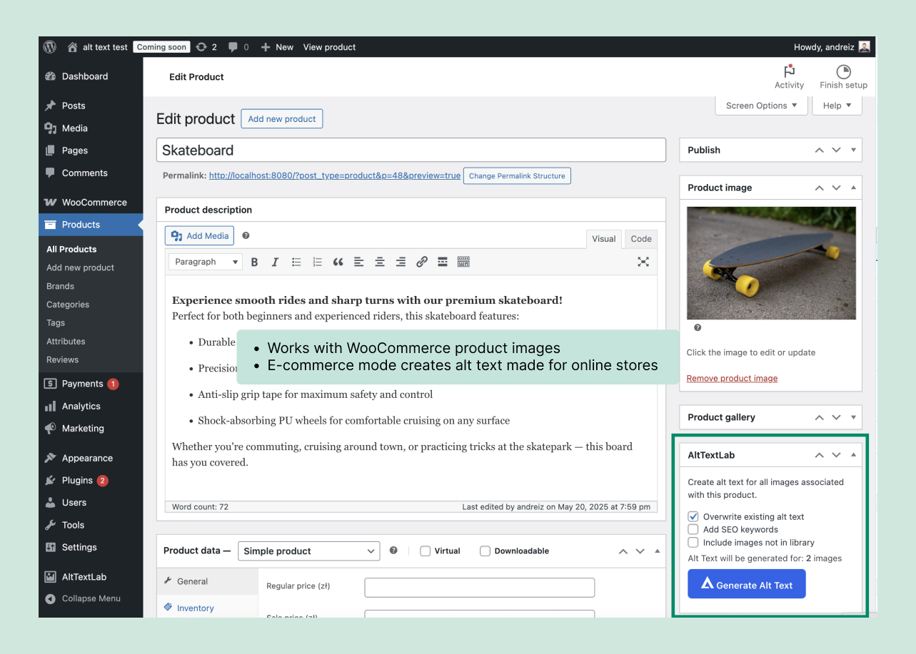 AltTextLab WooCommerce image-description workflow in WordPress.
