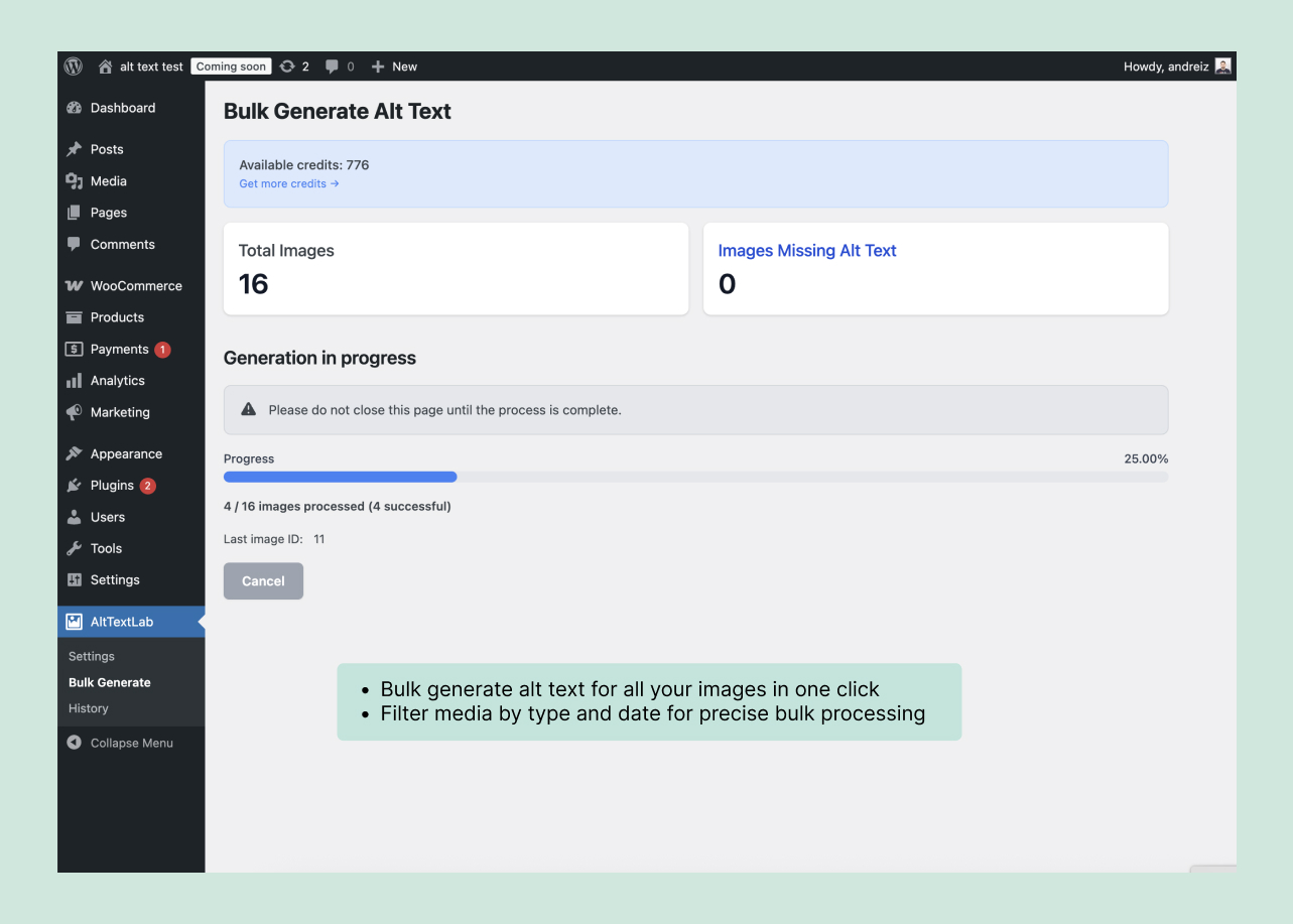 AltTextLab WordPress Bulk Generate screen showing the number of images requiring alt text and an available credit balance.