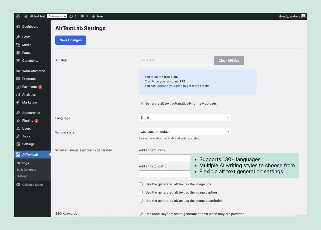 AltTextLab settings panel in WordPress, including configurable generation preferences.