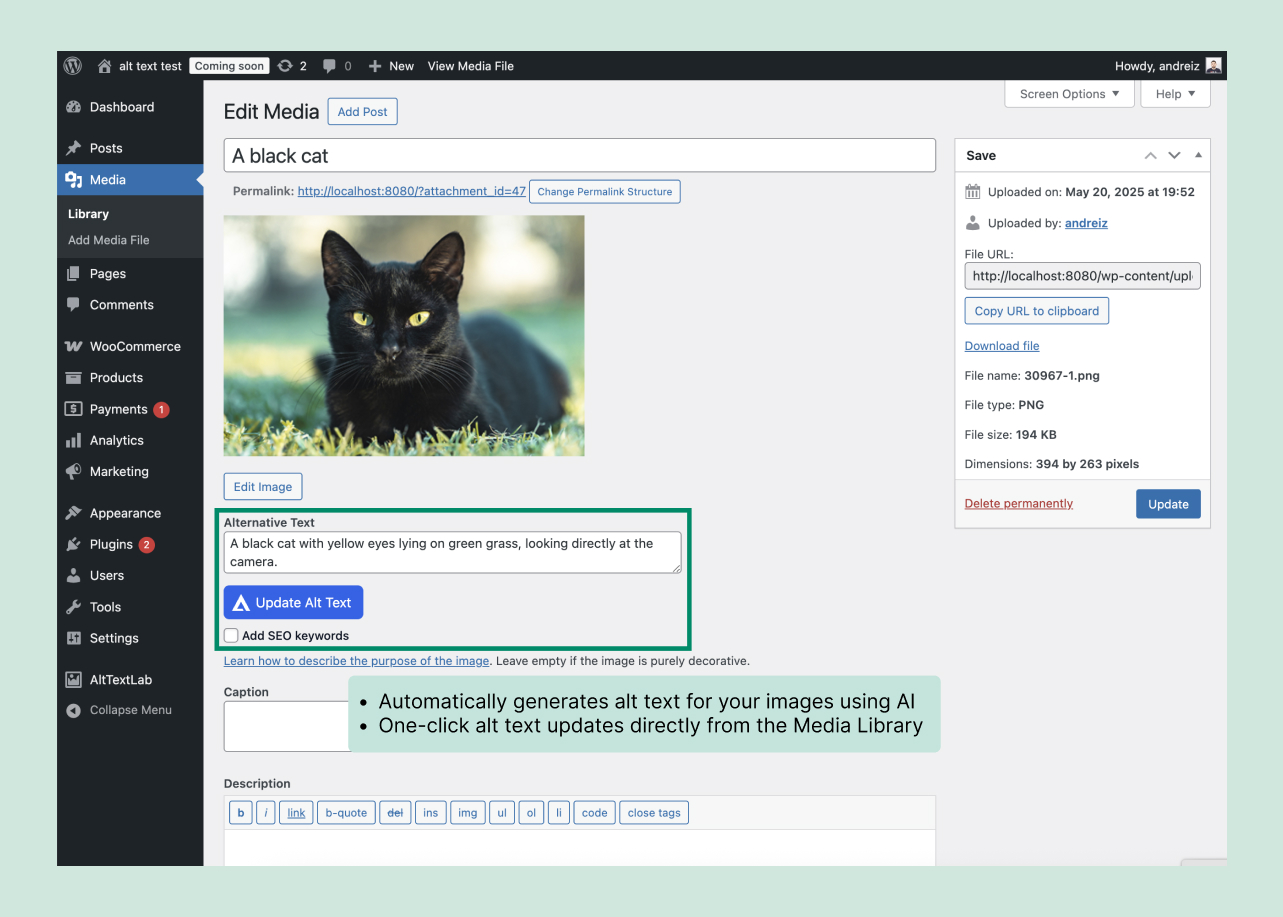 Official AltTextLab WordPress interface for generating a description for an individual image.