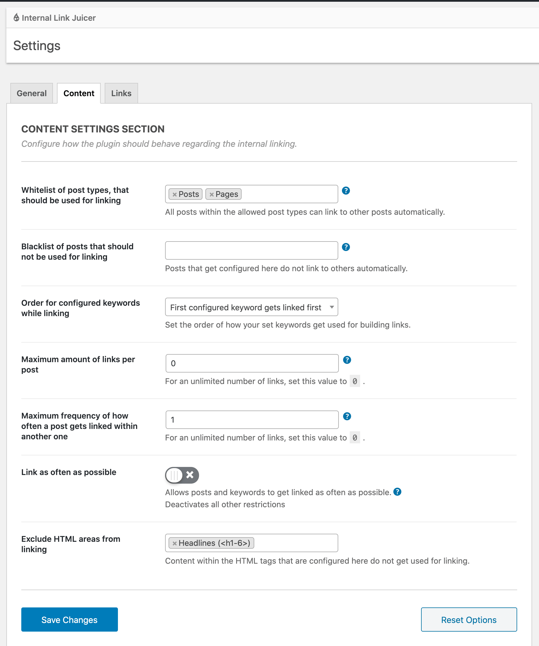 Internal Link Juicer WordPress keyword configuration interface.
