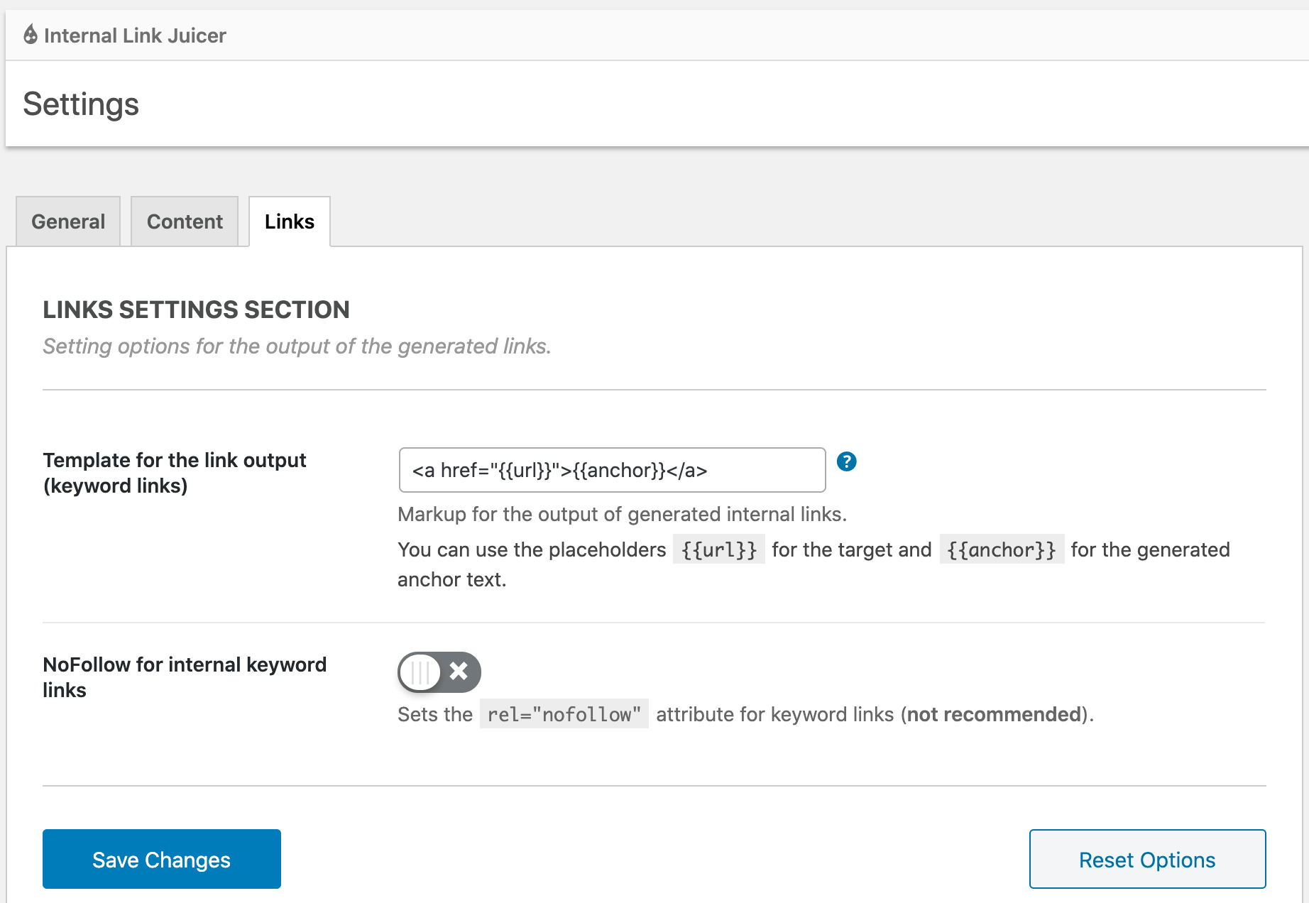 Internal Link Juicer reporting view for link statistics.