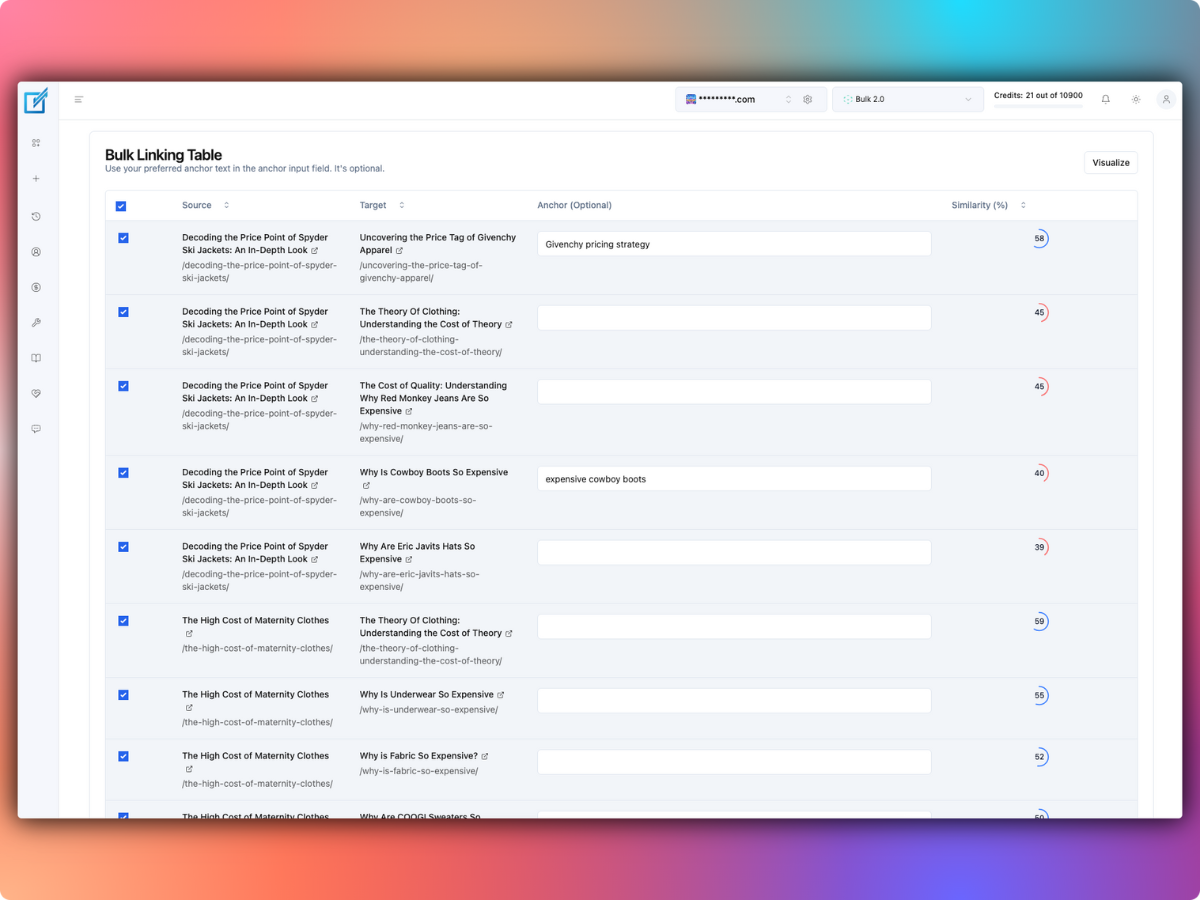 LinkBoss bulk internal link suggestion table showing source pages, targets and proposed anchors.