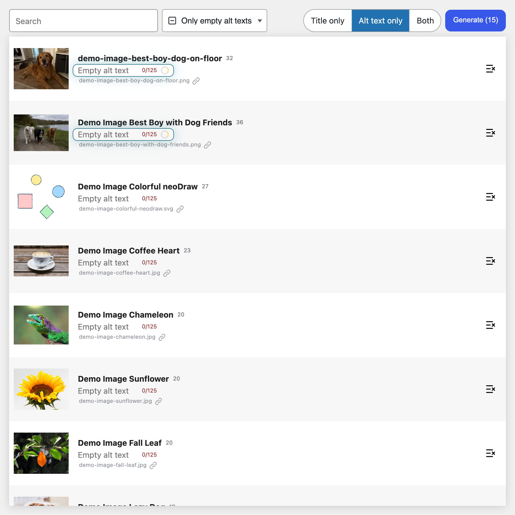 neo Alt plugin screenshot showing WordPress media library controls.