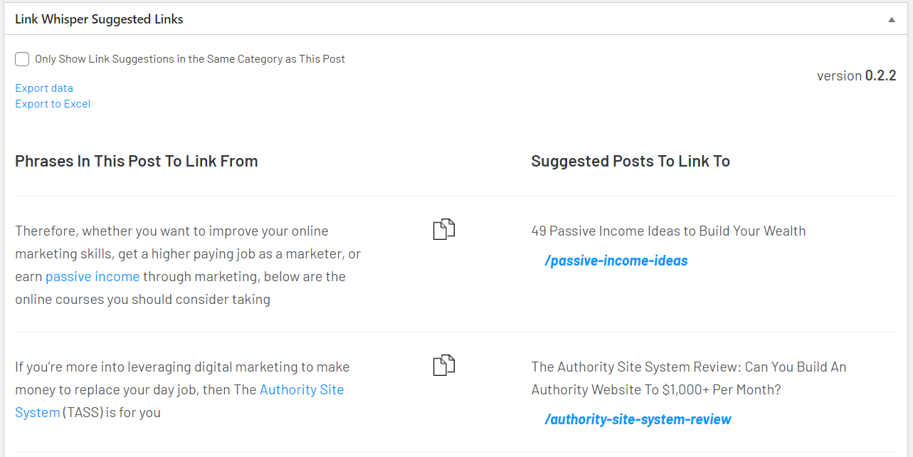 Link Whisper WordPress internal linking interface